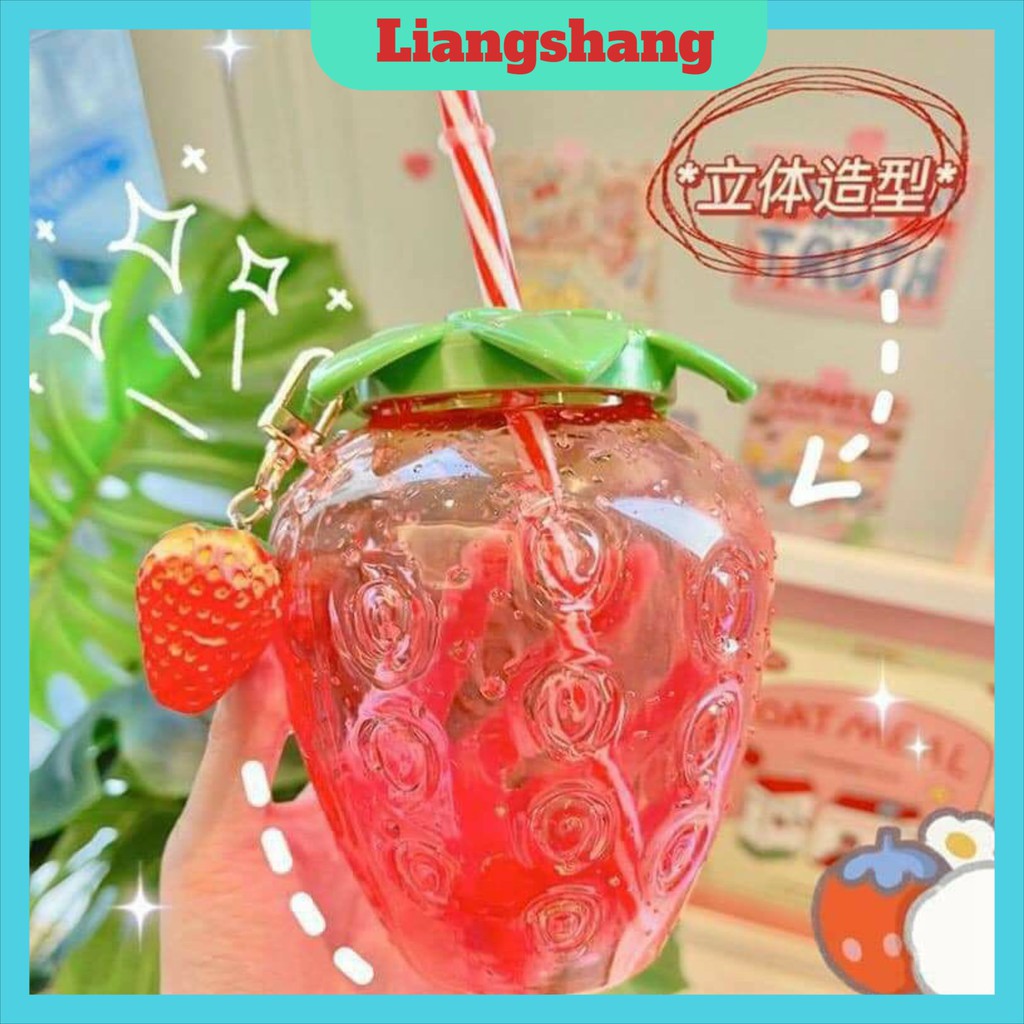 Bình Nước Dâu Tây❤️FREESHIP❤️Bình Đựng Nước Hình Quả Dâu Tây Kèm Ống Hút Và Móc Khóa Dâu Tây