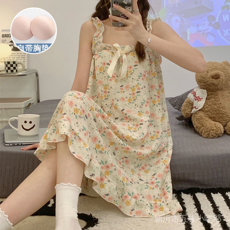 Đầm Ngủ Cotton Hai Dây Mỏng Mùa Hè 2022 Có Đệm Ngực Cho Nữ