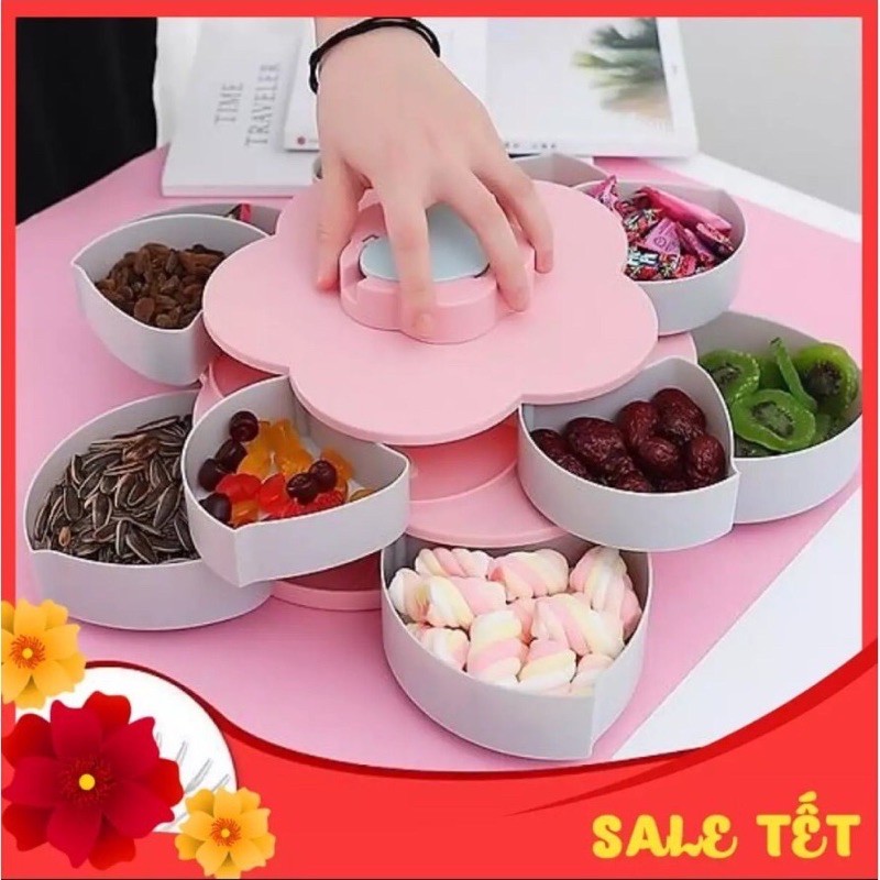 Khay đựng bánh kẹo Tết 2024 Giáp Thìn sang trọng, hộp để mứt Tết 2 tầng, hũ mức các loại hạt dưa, hướng dương bông sen.