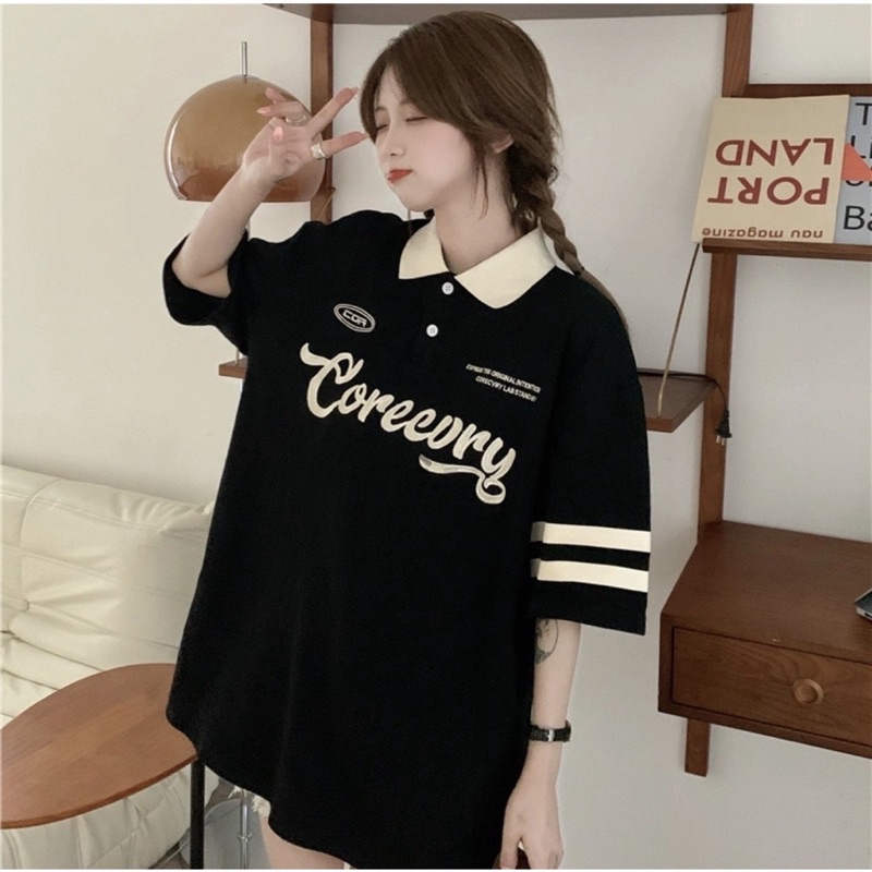 Áo thun Polo COREEVRY tan / đen viền tay áo cá sấu nam nữ unisex áo thun có cổ form rộng