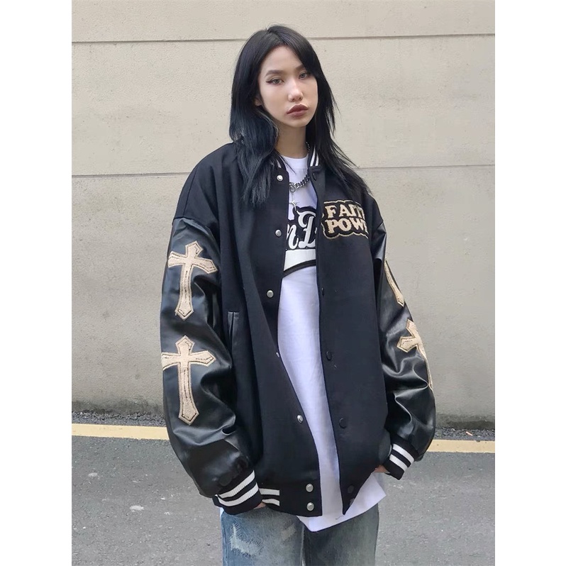 Áo bomber Miuzi unisex,áo bóng chày thêu hình thánh giá phối tay da DT048