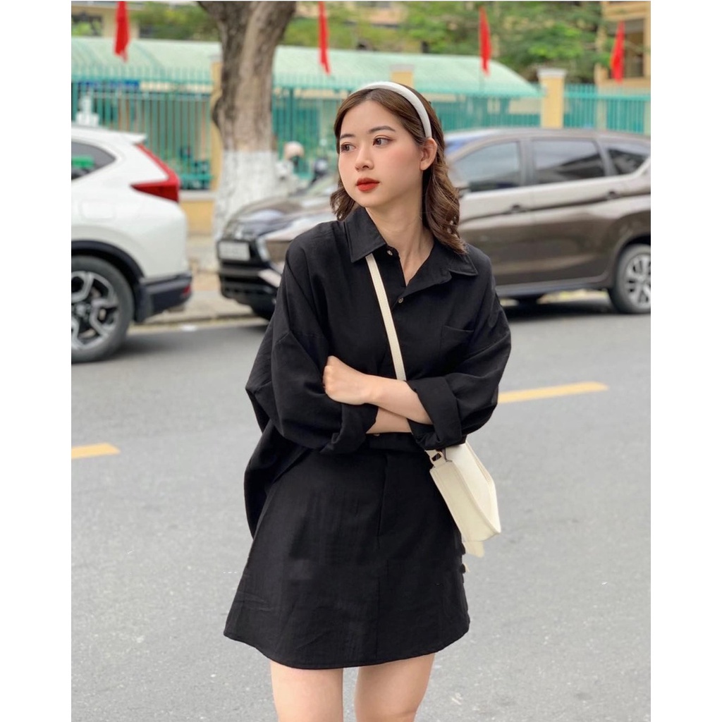 Set áo sơ mi tay dài phối chân váy chữ A chất đũi thun cực mát ba màu LOVI