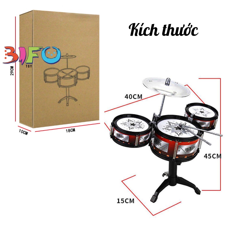 Bộ đồ chơi nhạc cụ trống Jazz Drum 3 trống kèm giá đỡ, đàn guitar retro giả gỗ căng dây đàn điều chỉnh đồ chơi âm nhạc