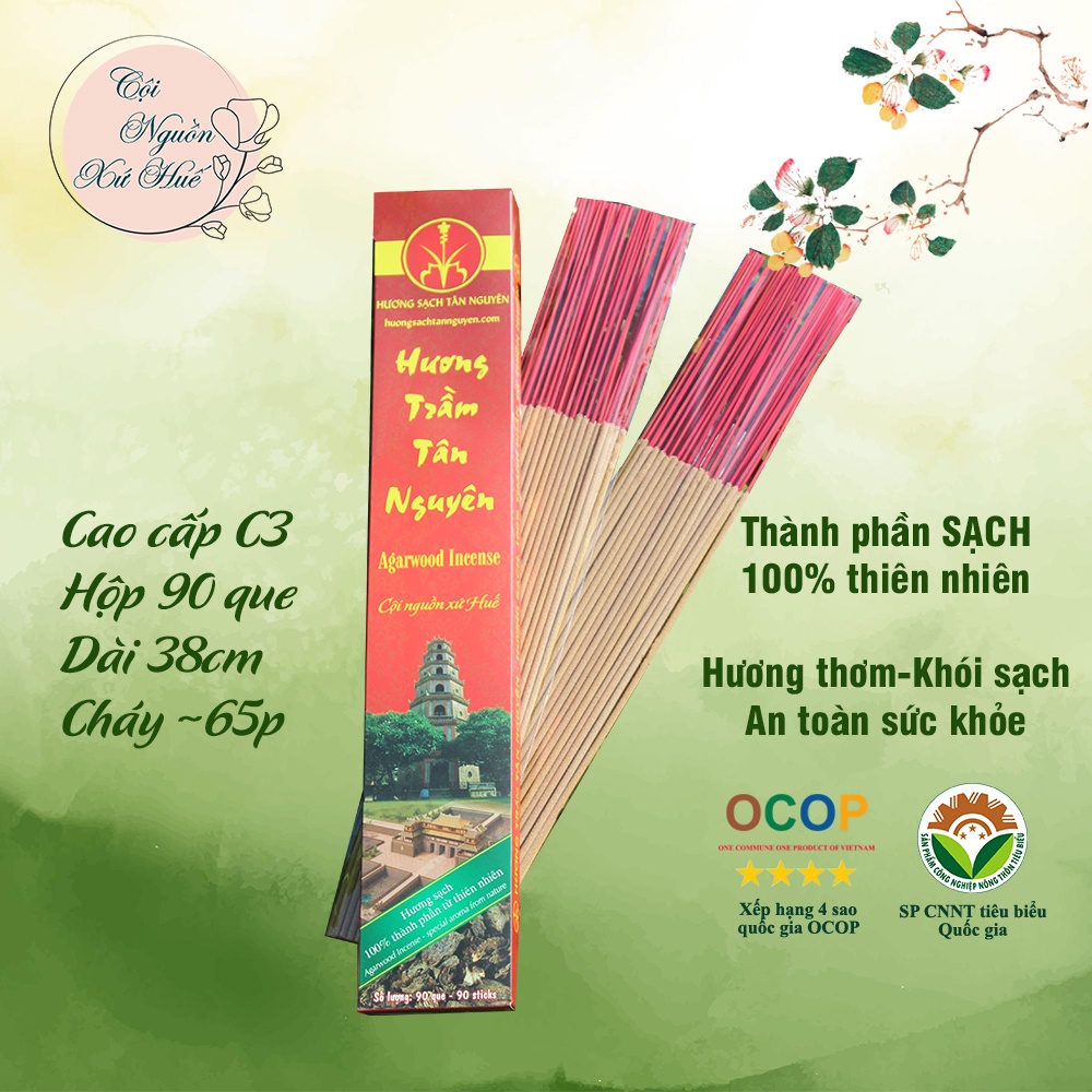 Trầm hương Tân Nguyên, nhang trầm sạch, nhang trầm hương cao cấp hộp giấy 90 que dài 23cm, 38cm