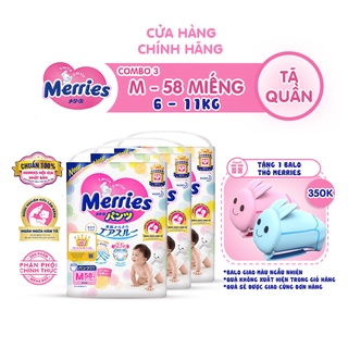 Mua 3 Tã/bỉm quần Merries Đủ Size M58/L44/XL38/XXL26 - Tặng 1 balo Thỏ