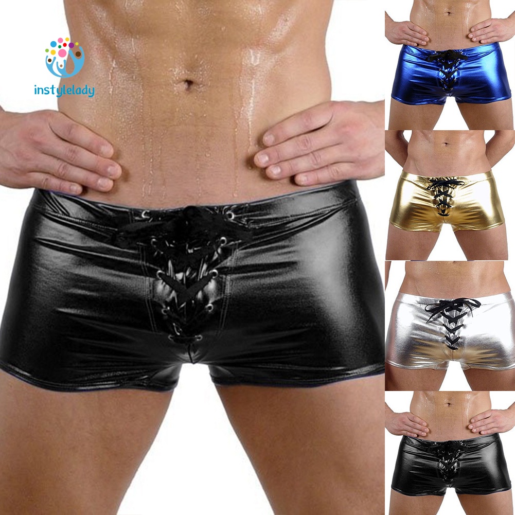 ✌ly Fashion Club Men's Lace Up Patent Leather Boxers Underwear Underpants Shorts
