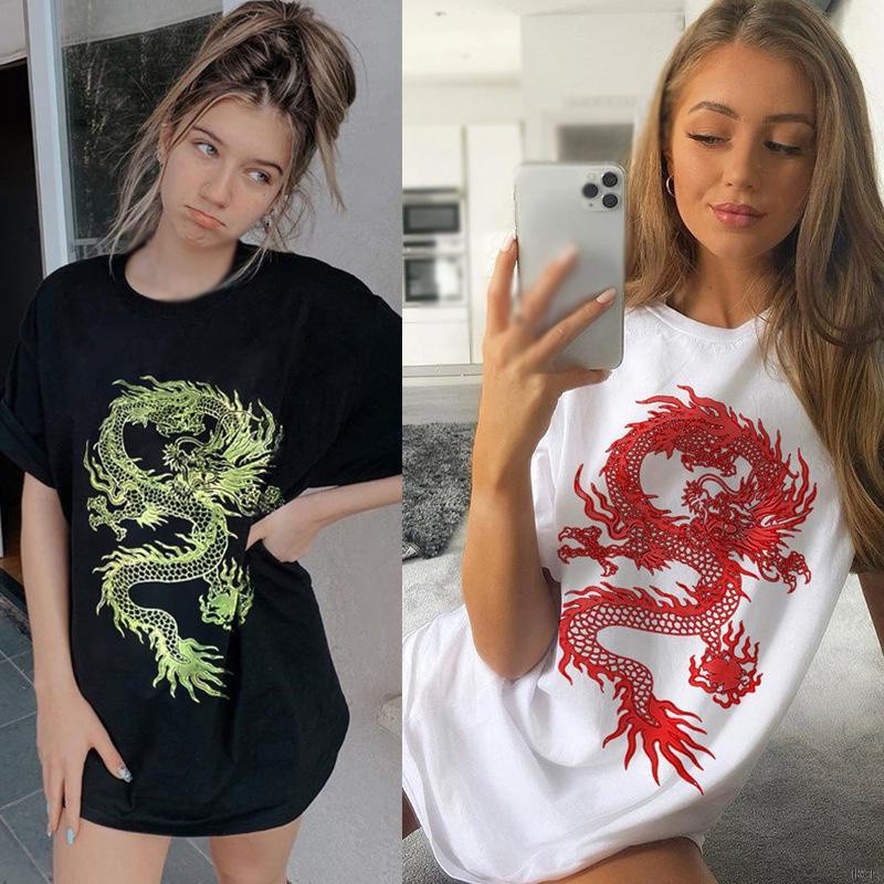 Áo Thun Tay Ngắn Dáng Rộng In Hình Rồng Cá Tính Cho Nam Và Nữ