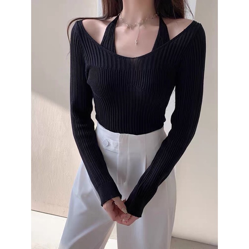 Set áo len mỏng tay dài và croptop len HQ