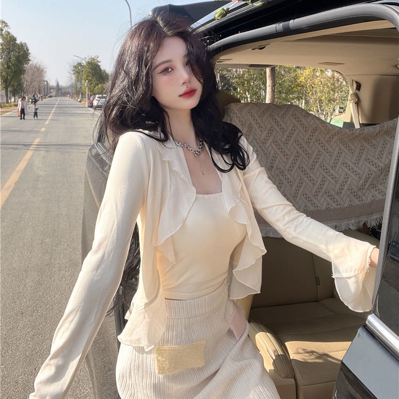 COZOK Set Áo Cardigan Dệt Kim Tay Dài Chống Nắng + Áo Sát Nách Thời Trang Gợi Cảm