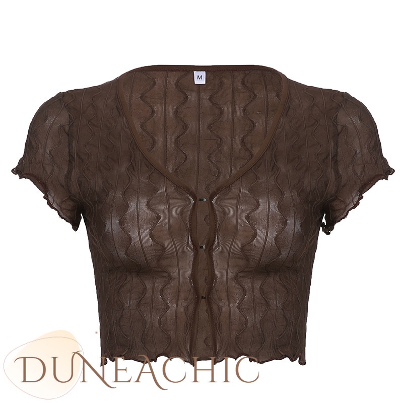 DUNEA Áo Thun Tay Ngắn Cổ Chữ V Phối Ren Thời Trang Cho Nữ