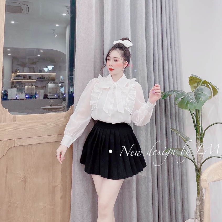 Áo sơ mi tơ bèo nơ cổ đính cúc ngọc áo sơ mi trắng nữ tiểu thư LD534