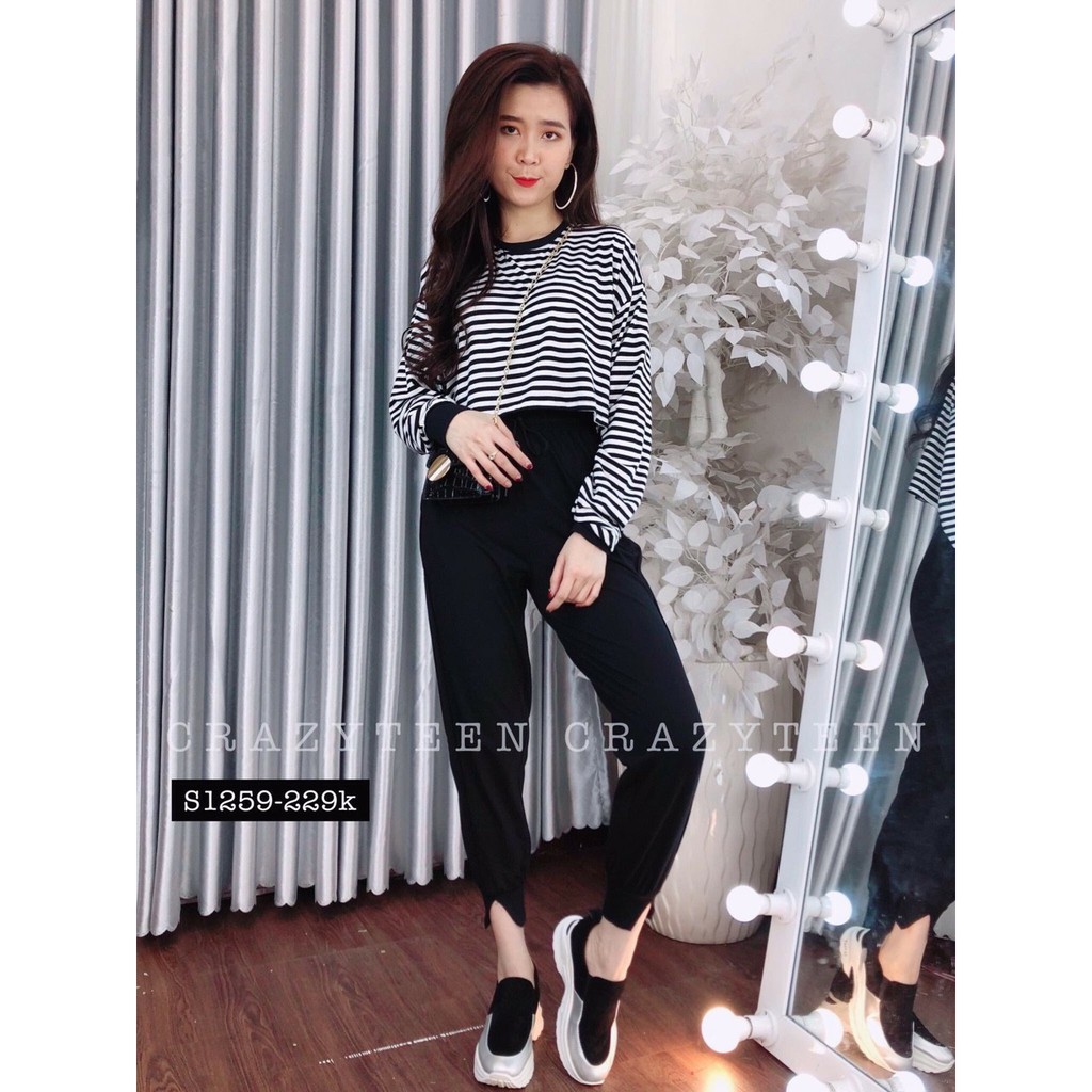 Sét Áo Thun Tay Dài Phối Sọc Form Croptop Kết Hợp Quần Dài Ống Túm Thời Trang TTS1042