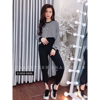 Sét Áo Thun Tay Dài Phối Sọc Form Croptop Kết Hợp Quần Dài Ống Túm Thời Trang TTS1042