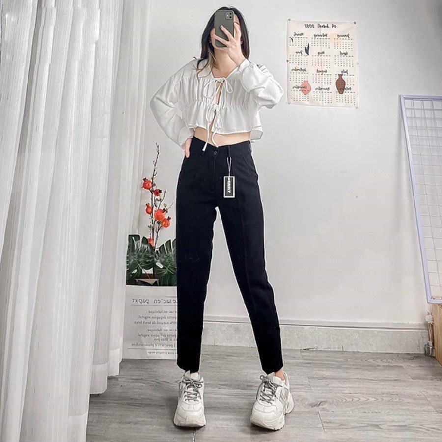 Quần tây nữ lưng cao đi học cạp có đai dáng baggy dài vải mềm co giãn nhẹ Quần tây đen nữ đi học ống đứng mặc đi công sở