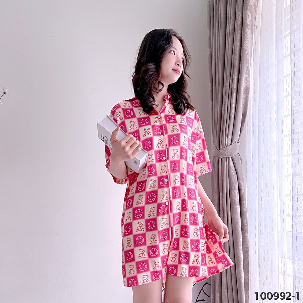 Đầm Ngủ Pyjama MAI SLEEPWEAR Lụa Mặc Nhà Họa tiết Caro Trẻ Trung Cao Cấp MS990