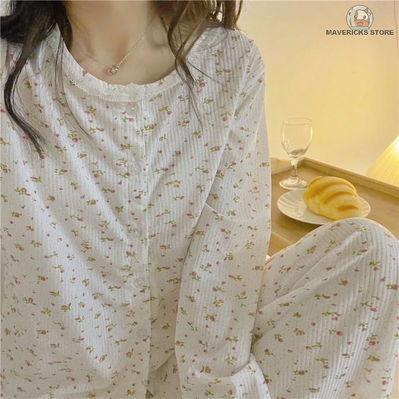Bộ đồ ngủ tay dài in họa tiết hoa phong cách Hàn Quốc thời trang xuân thu cho nữ
