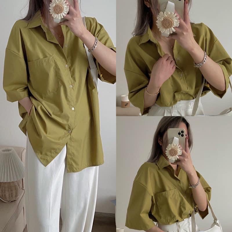 ÁO SƠ MI TÚI HỘP NHIỀU MÀU XANH LÁ CỘC TAY SIÊU HOT CHẤT ĐẸP , áo  sơ mi thô cộc tay 3 màu basic
