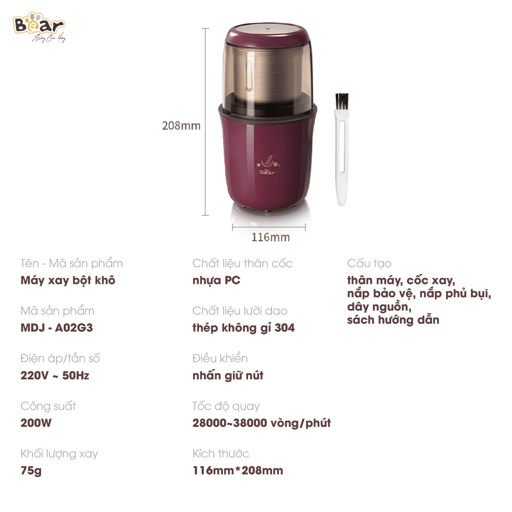 Máy Xay Bột Khô Đa Năng Bear Xay Cà Phê, Hạt Tiêu, Ngũ Cốc Công Suất Lớn MDJ-A02G3-Himect