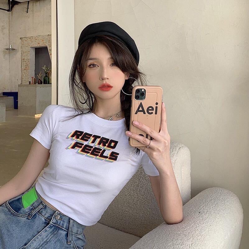 Áo Croptop Body Tay Ngắn In Chữ RETRO FEELS Ảnh Thật