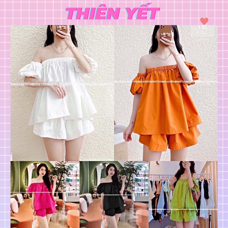 SÉT ÁO + QUẦN TAY PHỒNG RỘNG trễ vai tay ngắn quần đùi short chất kate voan siêu dễ thương cute cho Nữ - Thiên Yết