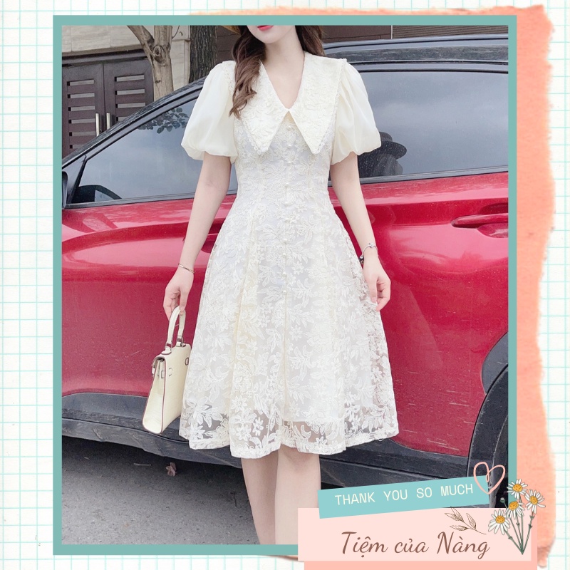 Váy thiết kế ren trắng hoa nhí cao cấp cổ sen cộc tay V82 - Tiệm của Nàng 1997