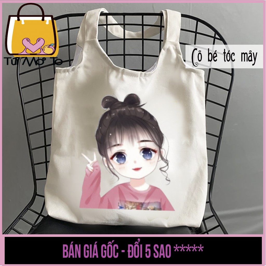 Túi tote túi vải túi canvas quai tròn có khóa kéo in hình cô bé tóc mây dễ thương- Túi Mơ To store