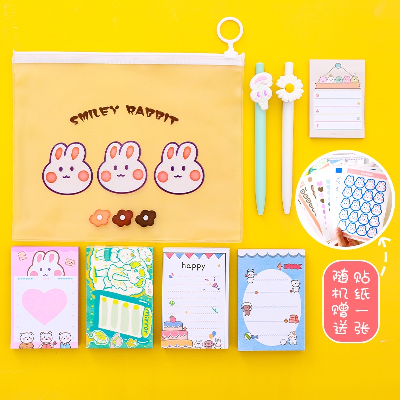 Set 9 món xinh xinh Túi - Bút - Giấy Note - Sticker thiết kế nhẹ nhàng vui nhộn với hoa văn tinh tế