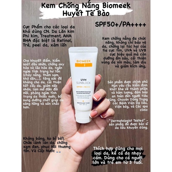 Kem chống nắng huyết tế bào BIOMEEK - Kem chống nắng phổ rộng không nhờn bết dính
