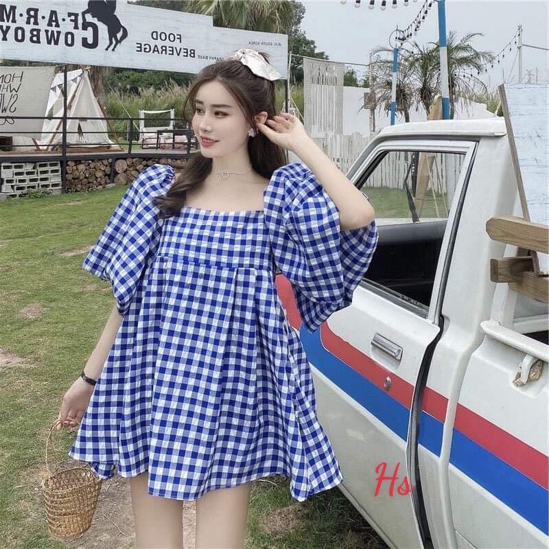 💃 Đầm Babydoll Nữ Kẻ Xanh Cổ Vuông Váy Nữ Tay Bồng Dáng Xòe