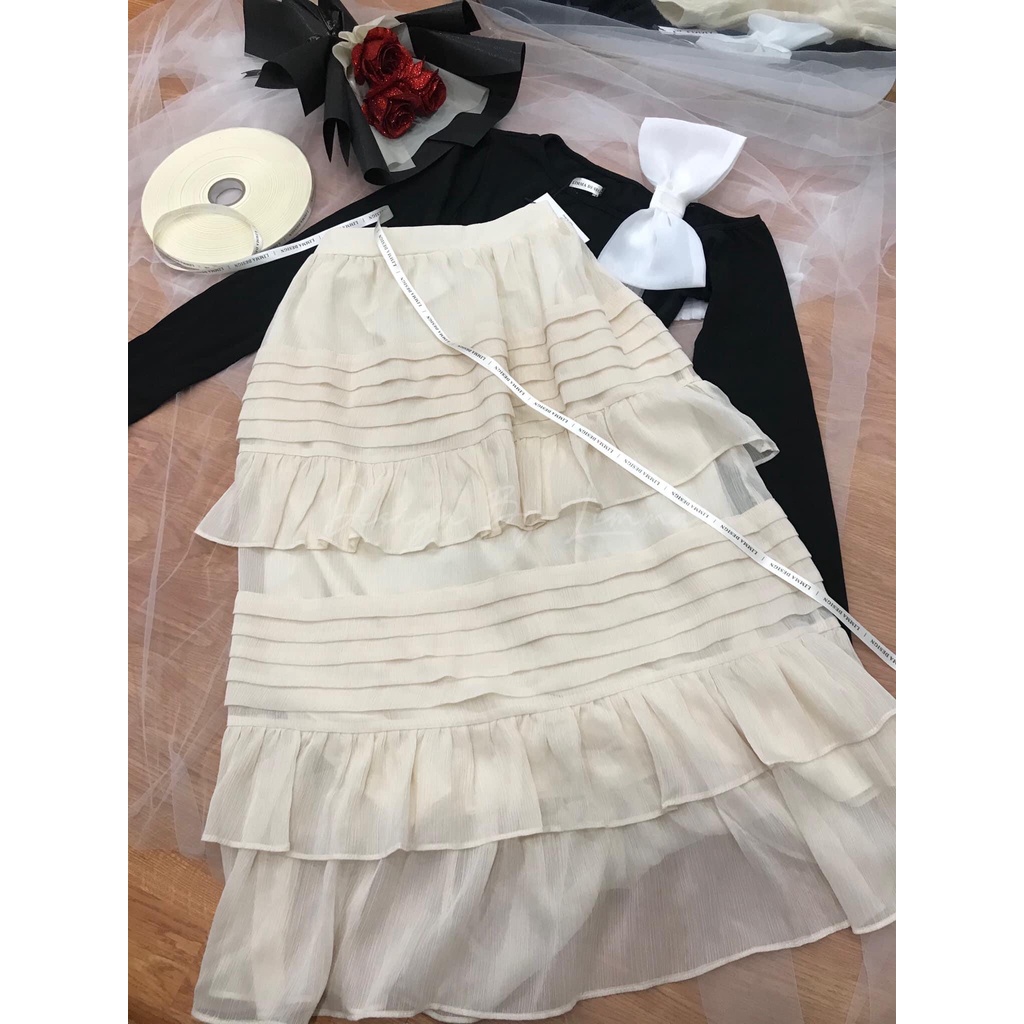 Set váy tiểu thư - áo lệch vai nơ và chân váy xòa xếp 13 tầng li, hàng chuẩn ảnh thật 100%