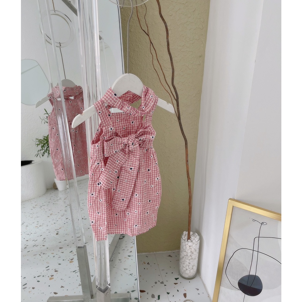 Váy 2 Dây + Turban Bé Gái 6-16kg Chất Thô Boil Mềm Kẻ Caro In Hoa Cúc Buộc Nơ Sau, Đầm Đi Chơi, Mặc Nhà Cho Bé - AN.KID