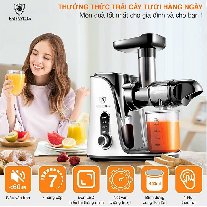 Máy Ép Chậm Trái Cây Trục Ngang Kaisa Villa - Công Suất 130W, Ép Khỏe Các Loại Hoa Quả - BH 12 Tháng