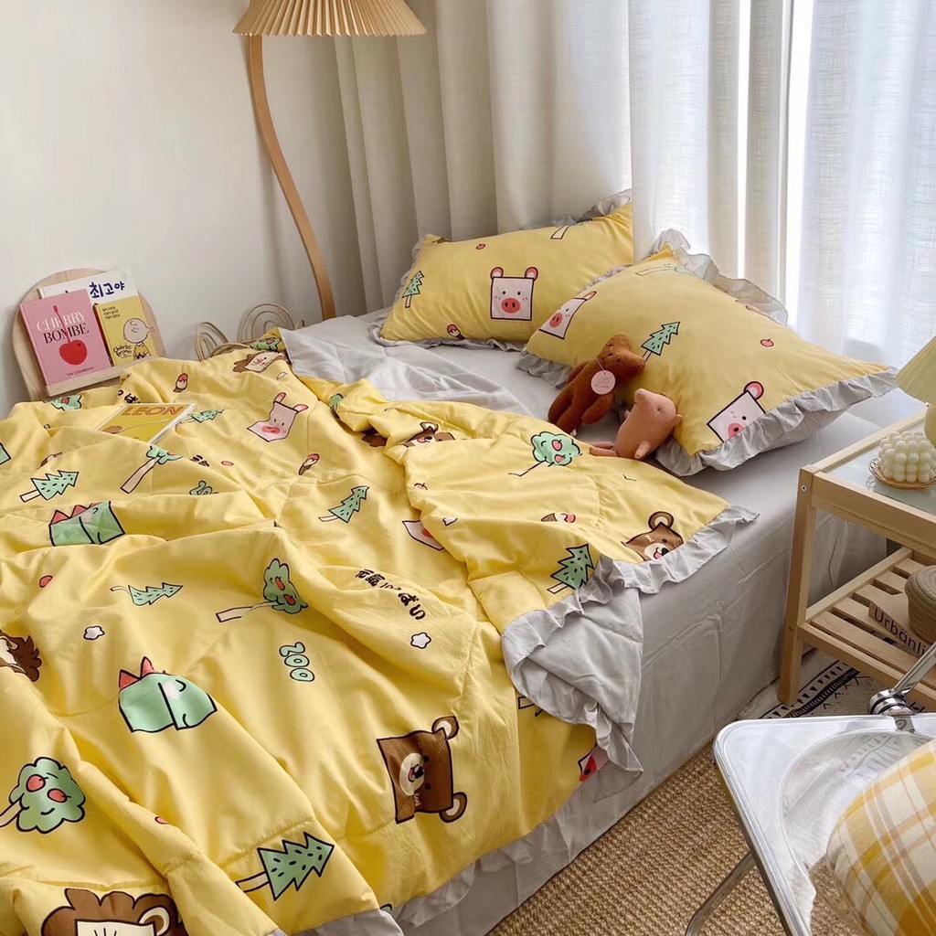 Bộ chăn đũi hè vỏ ga và 2 vỏ gối M2T bedding chăn lót bông thiết kế phối bèo họa tiết sư tử nhỏ