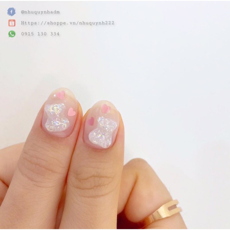 [Mã NHUQAD giảm 10% đơn 100k] [ Nail box ] Nailbox móng úp thiết kế sẵn tone hồng charm gấu lấp lánh