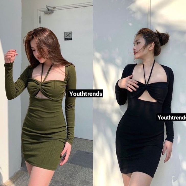 Đầm body tay dài khoét ngực dây đeo cổ( có mút ngực)B.C