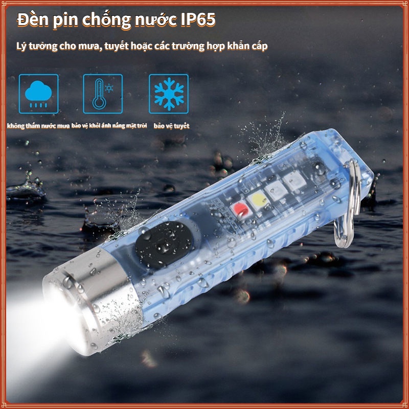 Đèn pin kiêm móc khóa, Móc khóa đèn pin LED mini 10 chế độ sáng không thấm nước, Đèn pin mini siêu sáng sạc type C