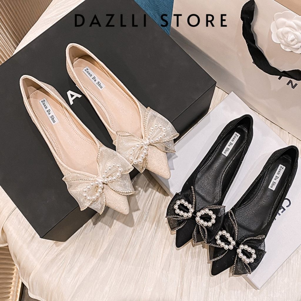 Giày búp bê đính nơ, hài nữ giày bệt mũi nhọn phong cách tiểu thư NQ15 - Dazzli Store