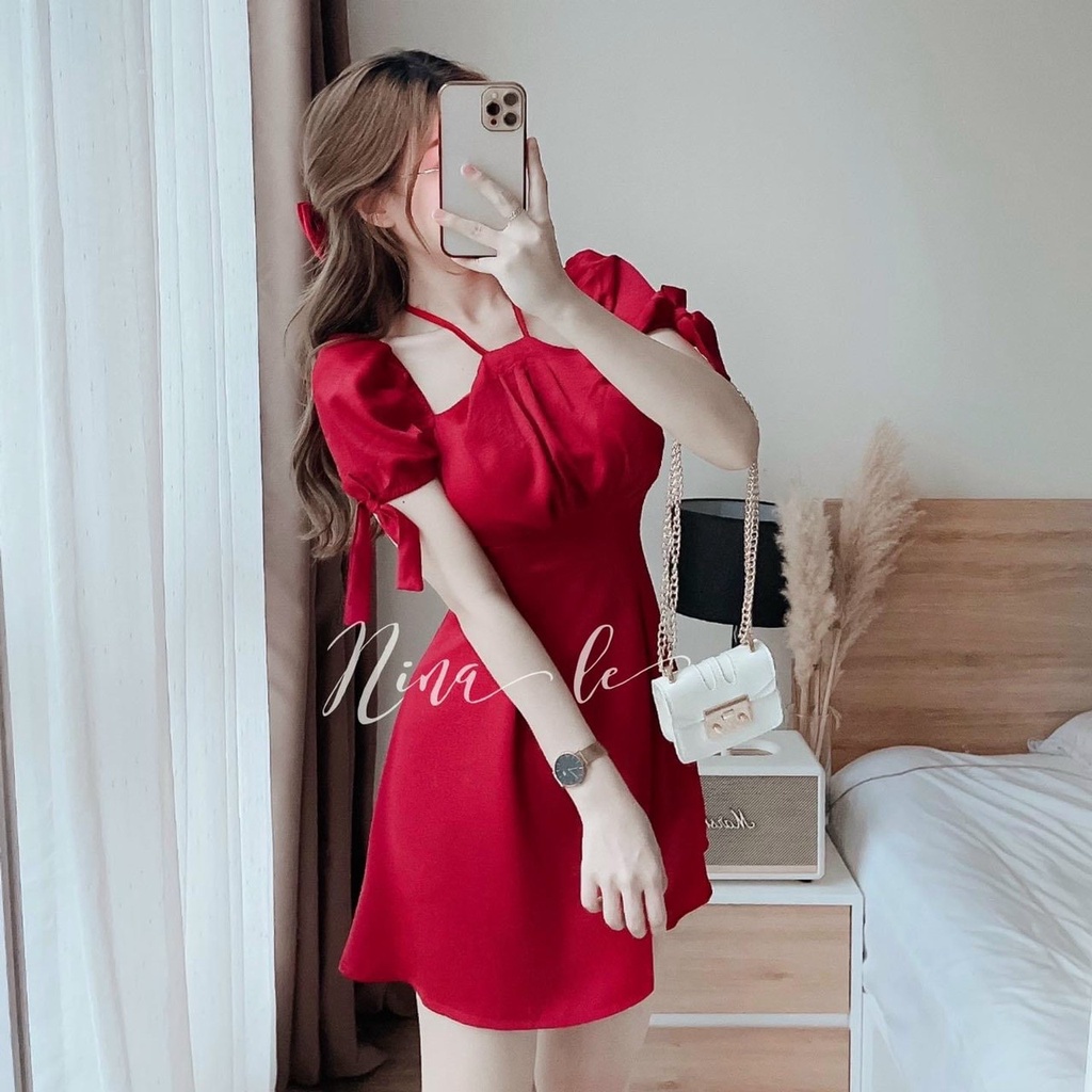 Đầm váy nữ cổ kiểu yếm tay ngắn buộc nơ ôm eo dáng xòe gợi cảm, quý phái cho nàng dự tiệc