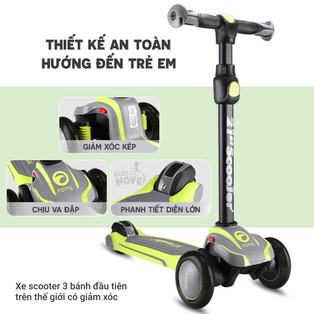 Xe scooter cho bé có giảm xóc xịn 21st Scooter ROD3 2020 cho bé từ 2-12 tuổi, đèn led phát sáng, gấp gọn