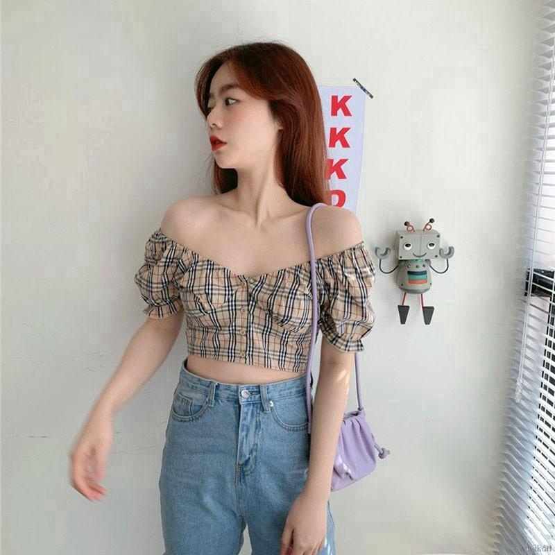 Áo Croptop Tay Ngắn Họa Tiết Sọc Caro Thời Trang Cho Nữ