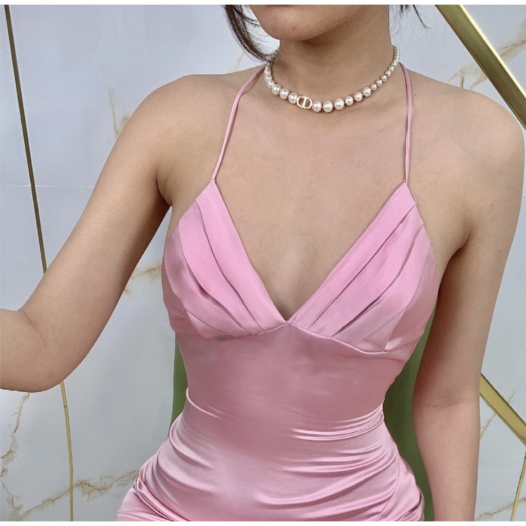 Đầm Lụa Dây Cột Xếp Ly Ngực Xẻ Đùi Cao Cấp - Váy Lụa Dây Cột Xẻ Đùi Dáng Dài Xếp Ly Cổ Tôn Ngực Tôn Dáng Sang Chảnh