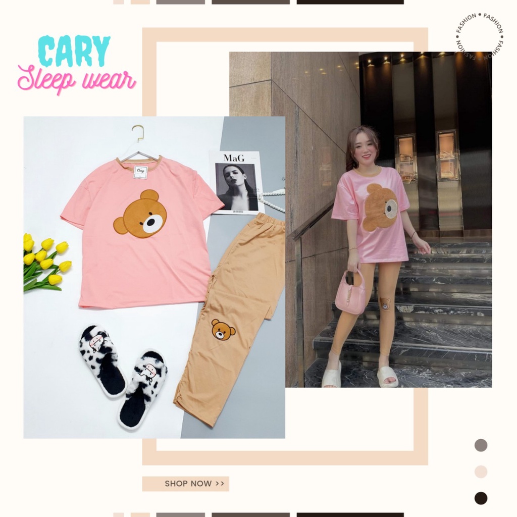 Set bộ thun CARY,bộ áo thun cotton thêu gấu form rộng cao cấp hot trend