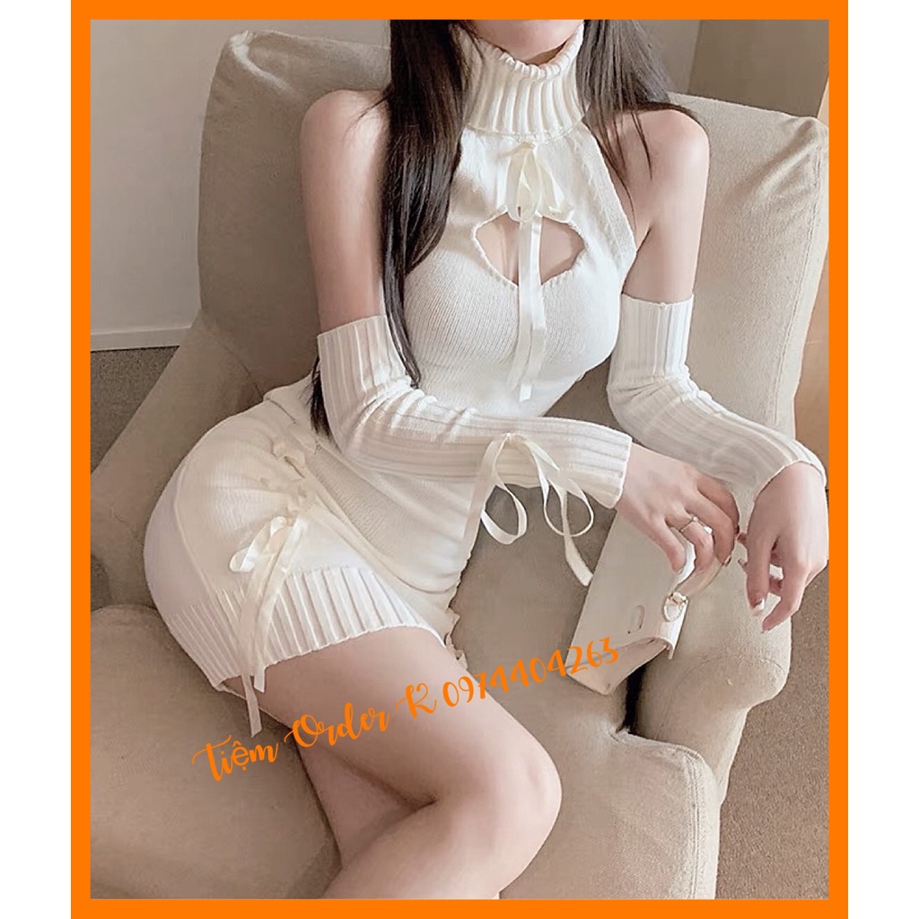 ♥️Đầm,Váy Len Cao Cổ Ngực Trái Tim Tay RờiFzsize Dưới 55kg