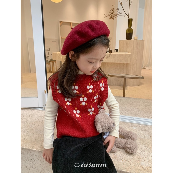 Áo Len Không Tay Cổ Tròn Họa Tiết Hoa Thời Trang Thu Đông Cho Bé