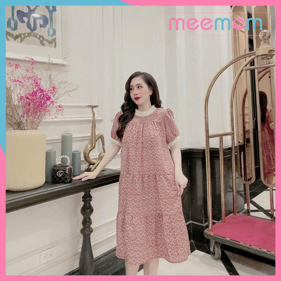 Váy bầu hoa nhí - đầm bầu đẹp chất lụa hoa cổ ren tay cộc freesize tặng dây buôc BN34 - Meemom 👗 * ྇ ྇