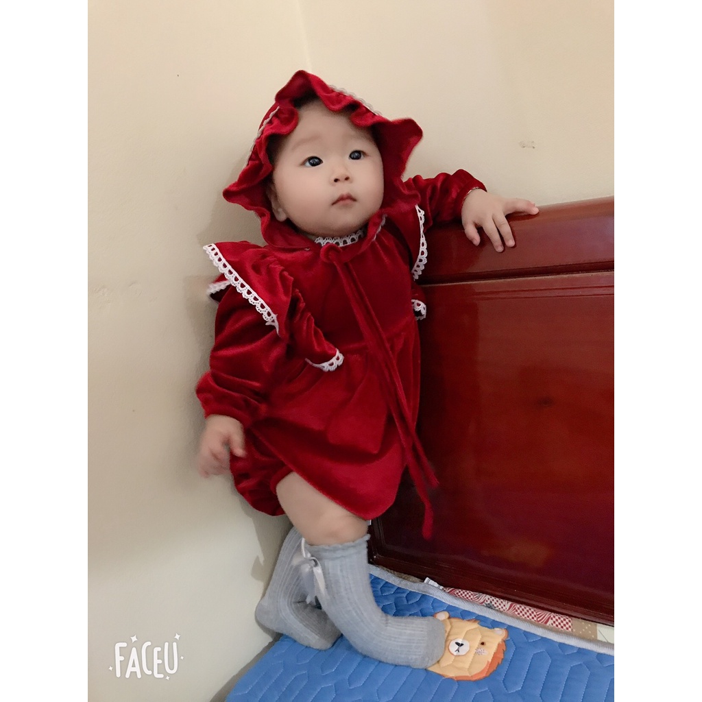 Body sơ sinh bé gái Nina Kids Boutique Đồ em bé Đầy tháng Noel Tết Chất nhung Màu đỏ đô Size 0m 24m Kèm mũ và giày vải