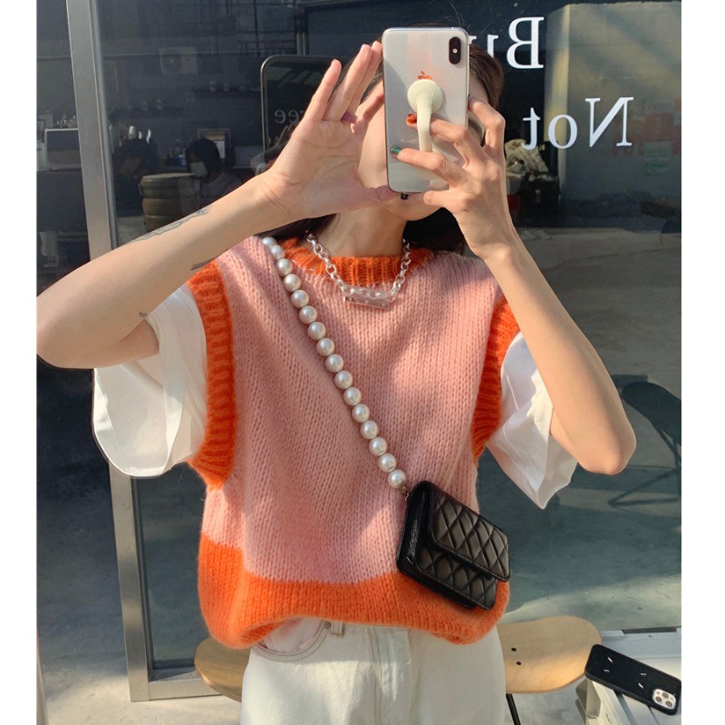 Áo len không tay cổ chữ V màu sắc tương phản thời trang | BigBuy360 - bigbuy360.vn