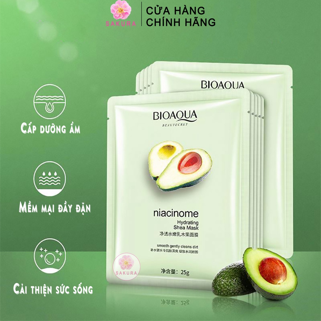 Mặt nạ giấy dưỡng ẩm trắng da quả bơ BIOAQUA Niacinome Hydrating Shea Mask giữ ẩm cấp nước chống lão hoá SAKURA 25ml