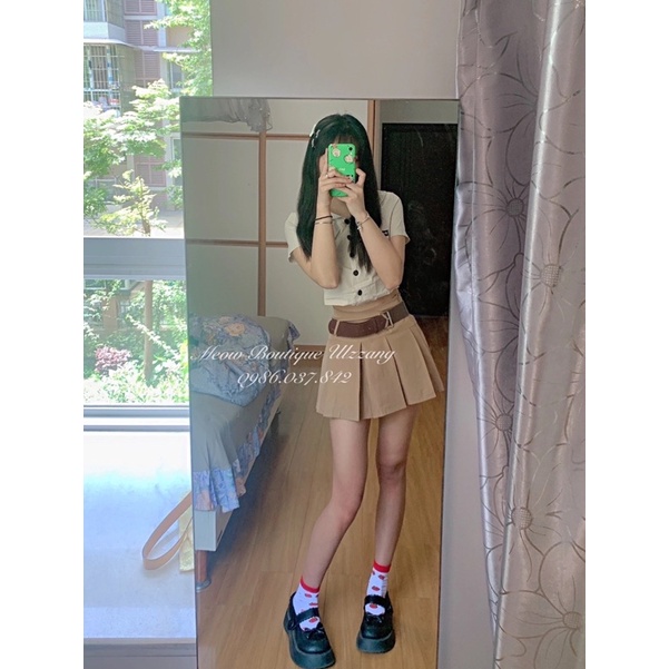 [OD ulzzang] Set bộ áo croptop và chân váy ngắn xếp ly phong cách cao bồi kèm đai có tách set và ảnh thật