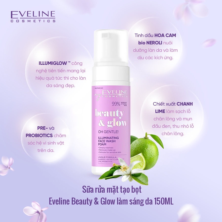 [Tặng lăn mụn Eveline] Sữa rửa mặt tạo bọt Eveline Beauty & Glow làm sáng da 150ML